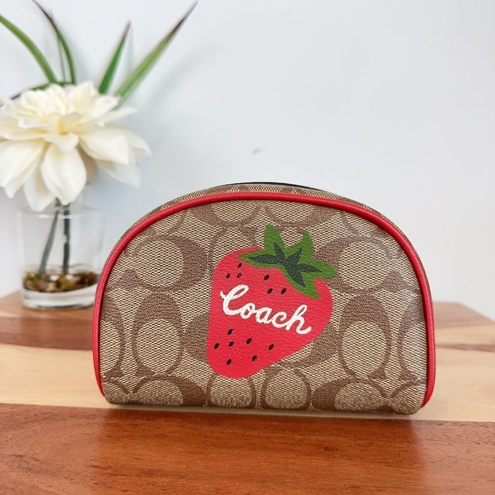 NWT Coach Dome Cosmetic‎ Case In Signature Canvas With Wild Strawberry